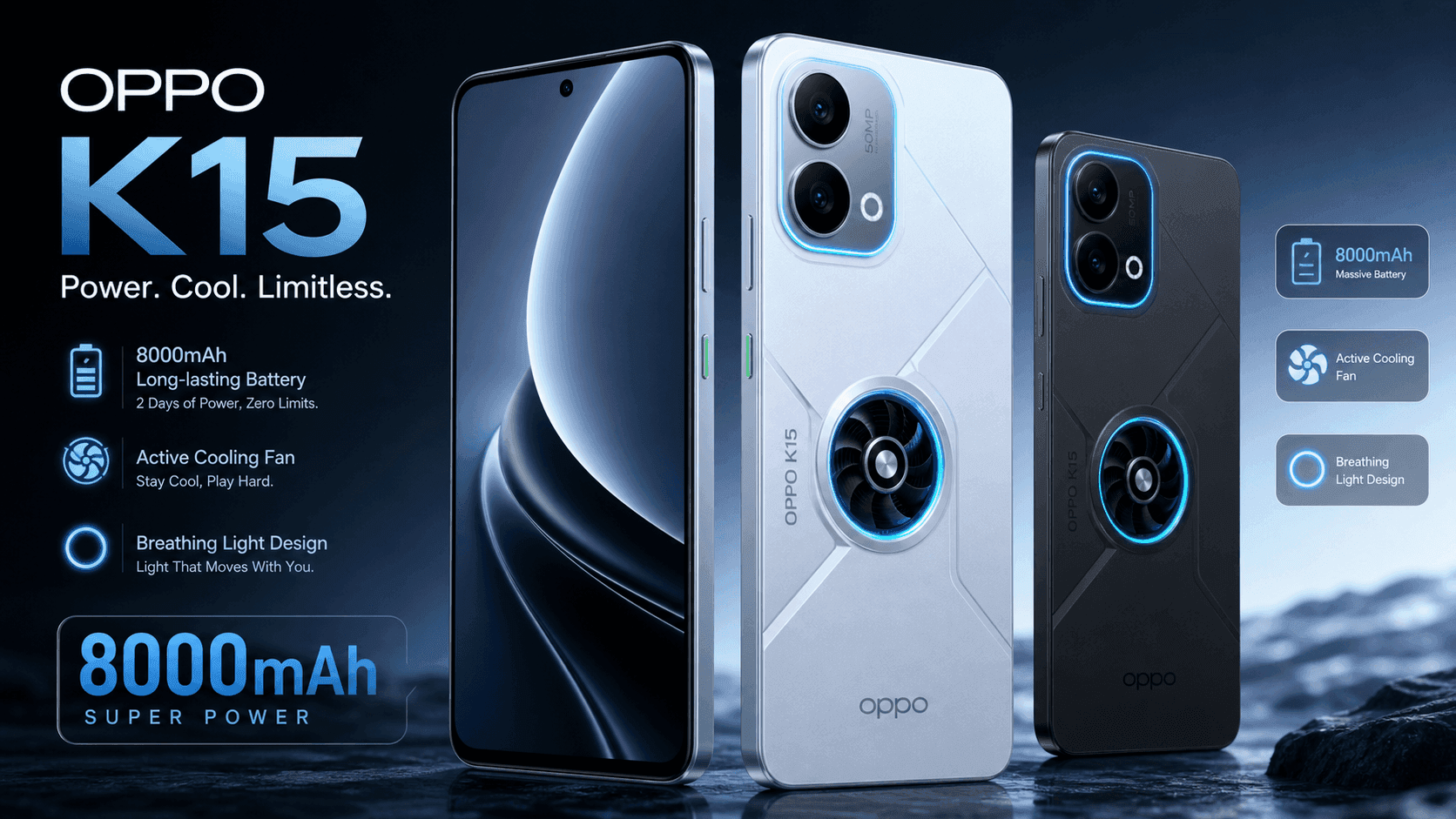 OPPO K15 Launches With 8,000mAh Glacier Battery, Active Cooling Fan, and Lanying Breathing Light Design at 2,299 Yuan